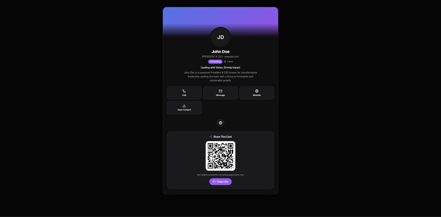 The published card: contact buttons, a QR code, and one-tap Save to Contacts
