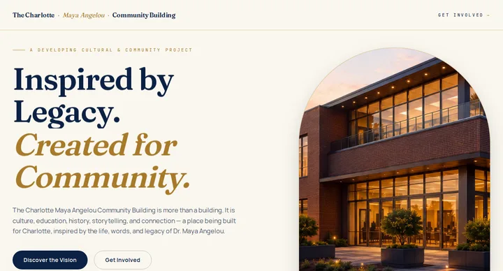 A community building in Charlotte — the editorial direction, warm and typographic