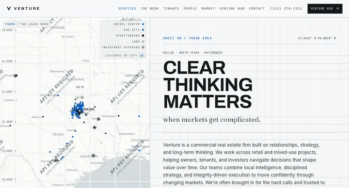 Venture, retail real estate — a cartographic direction built around live trade-area maps