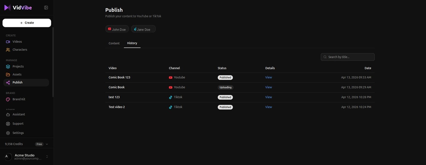 One-click publishing to YouTube and TikTok with status tracking
